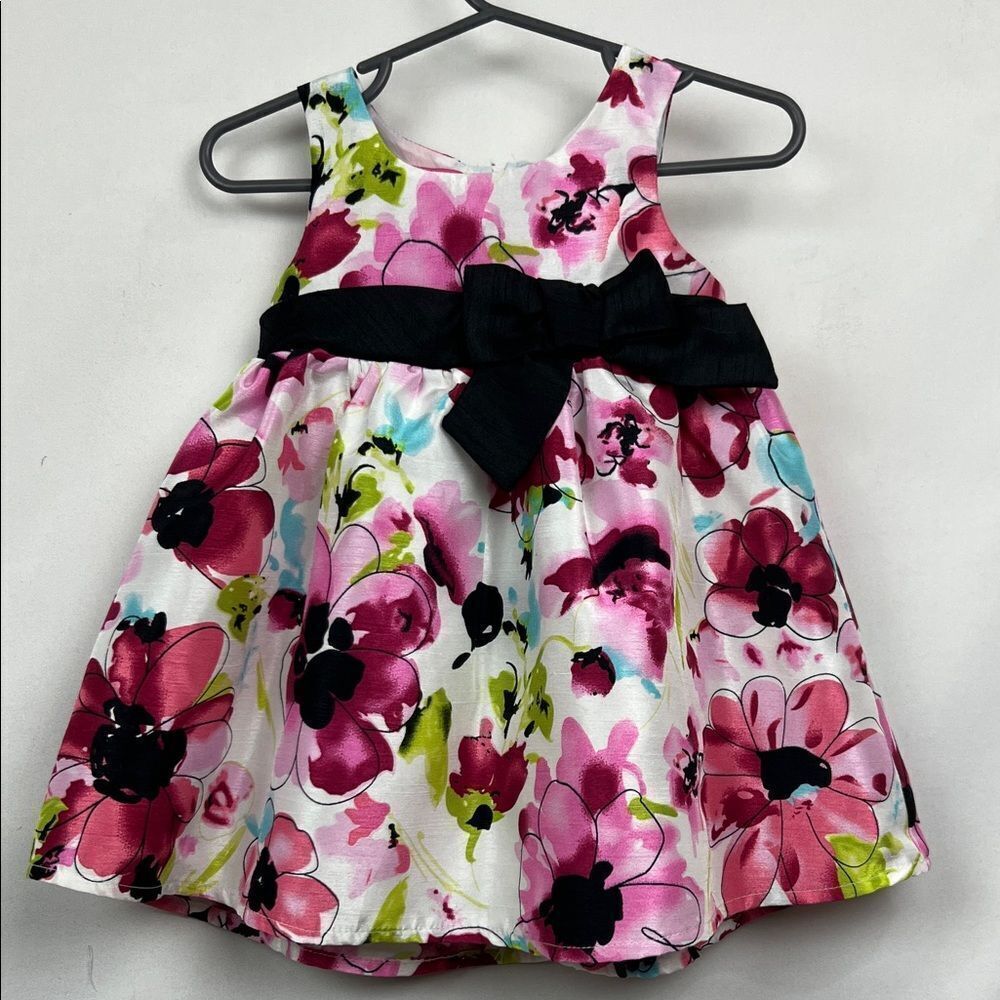 Pinky pink and white floral party dress with black bow size 12 months